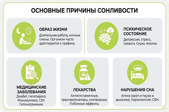 Инфографика с основными причинами дневной сонливости