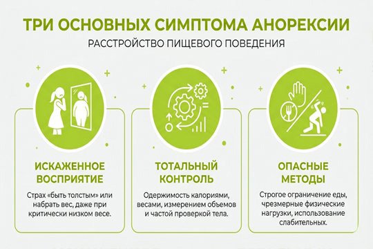 Инфографика о трех основных симптомах анорексии