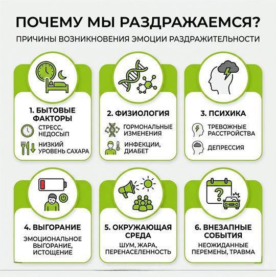 Список основных причин возникновения эмоции раздражительности в виде инфографики