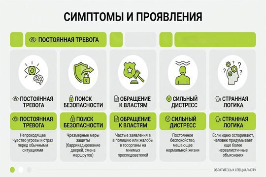 Инфографика на тему симптомы и проявления бреда преследования