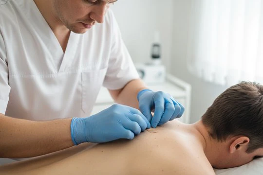 Врач клеит пластырь под лопаткой на спине у пациента после процедуры кодирования Торпедо