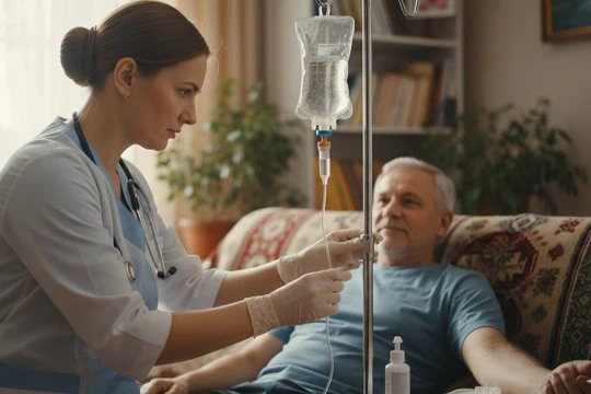Врач осуществляет постановку капельницы на дому у пациента для вывода из запоя