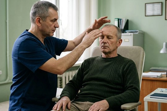 Врач проводит кодирование пациента по методу Довженко в кабинете клиники