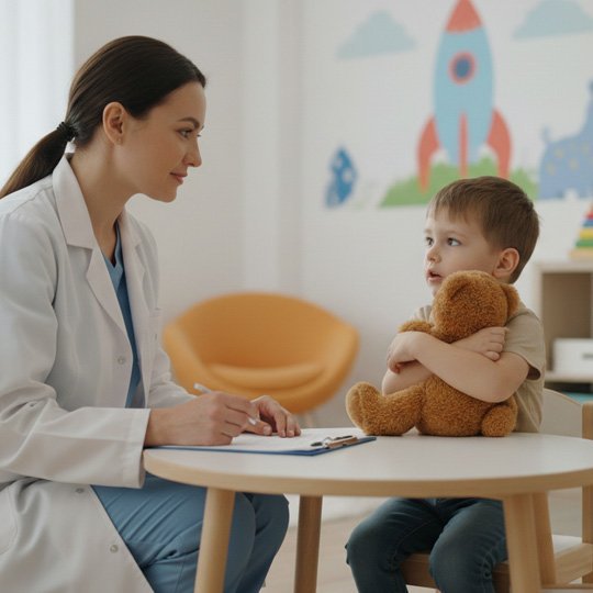 Врач разговаривает с ребёнком